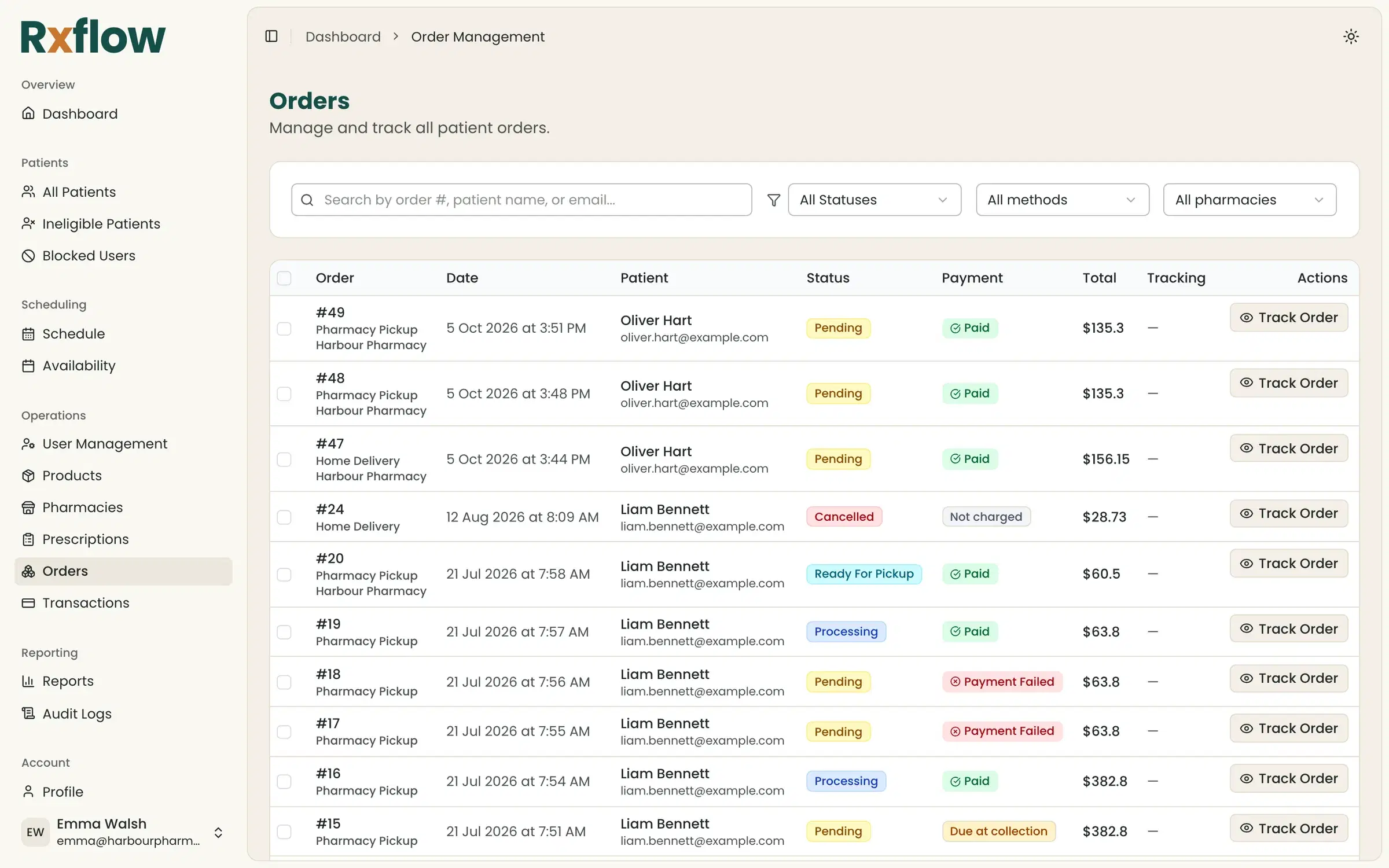 Patient orders with pickup or delivery, pharmacy, status and payment