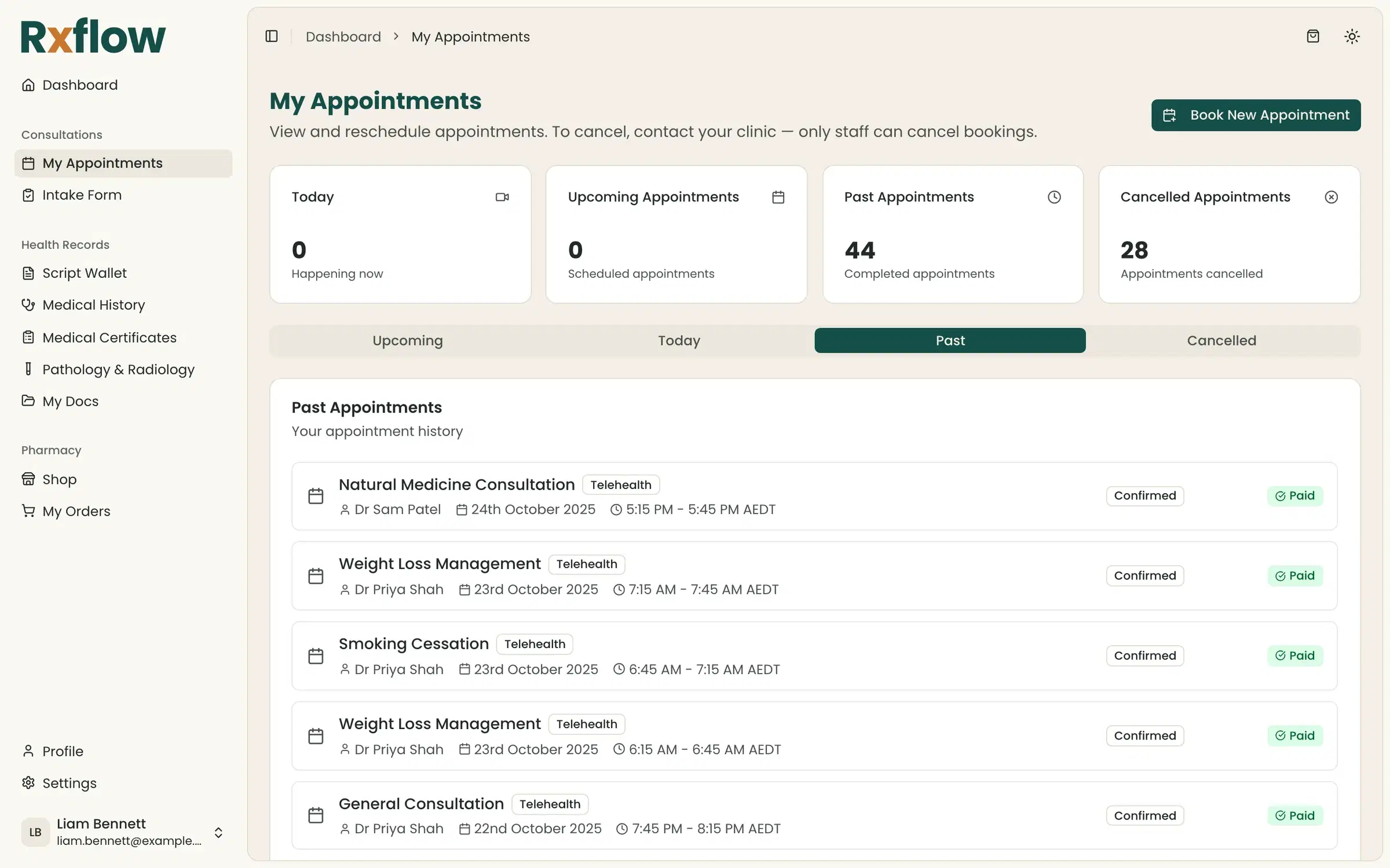 A patient's portal showing their telehealth appointment history, each confirmed and paid