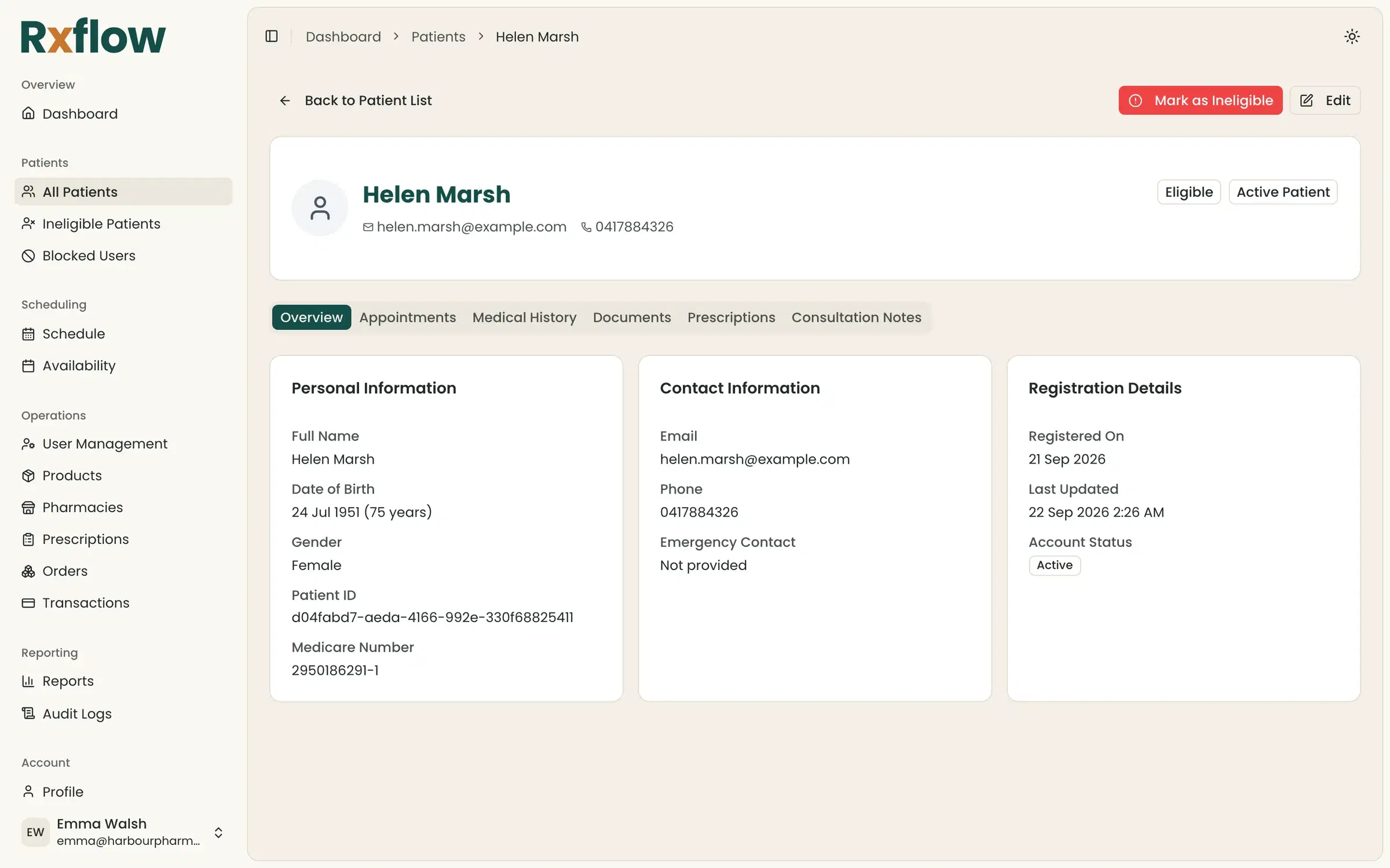 A patient record with personal, contact and registration details in one place