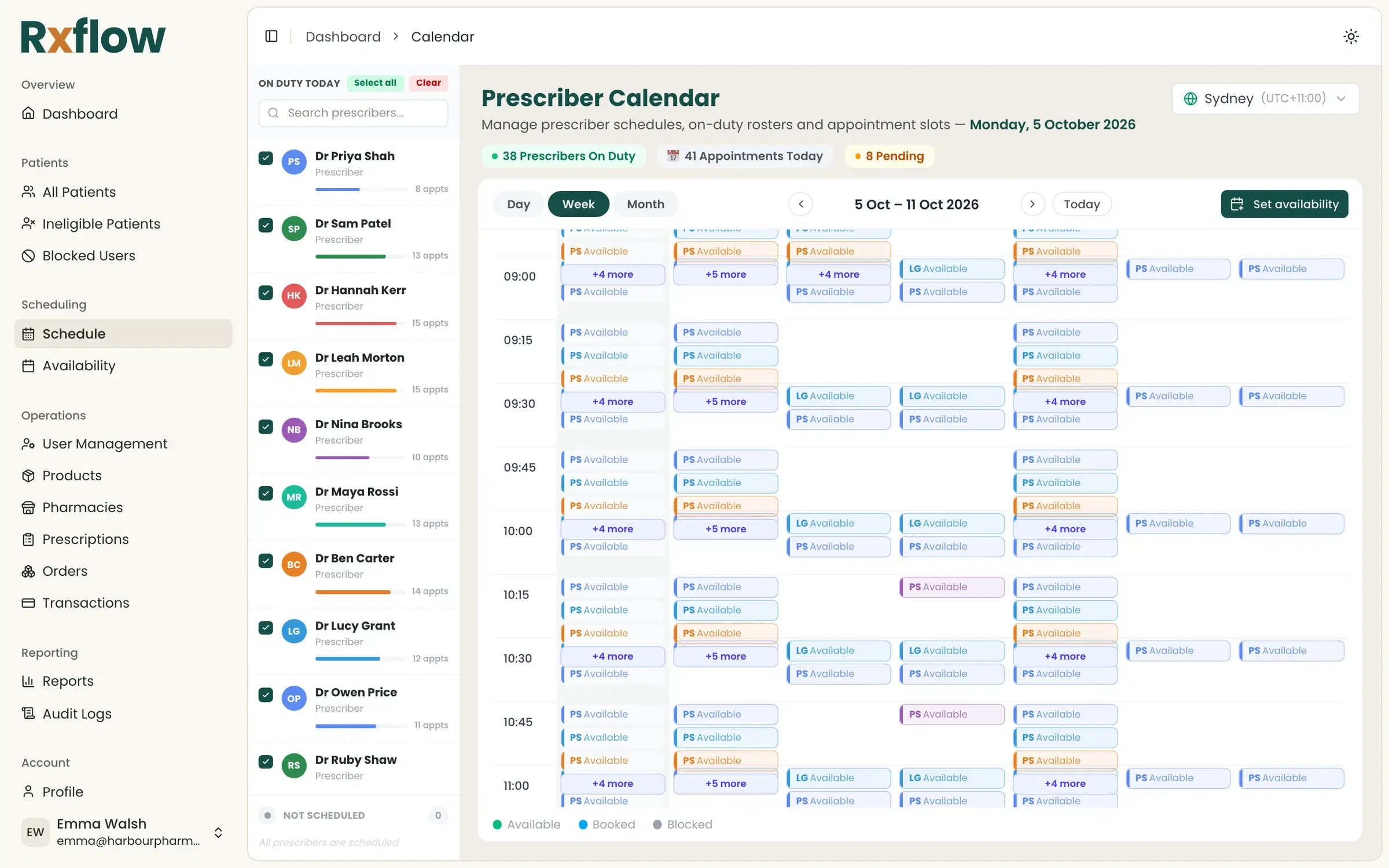The prescriber calendar with every doctor's availability across the week