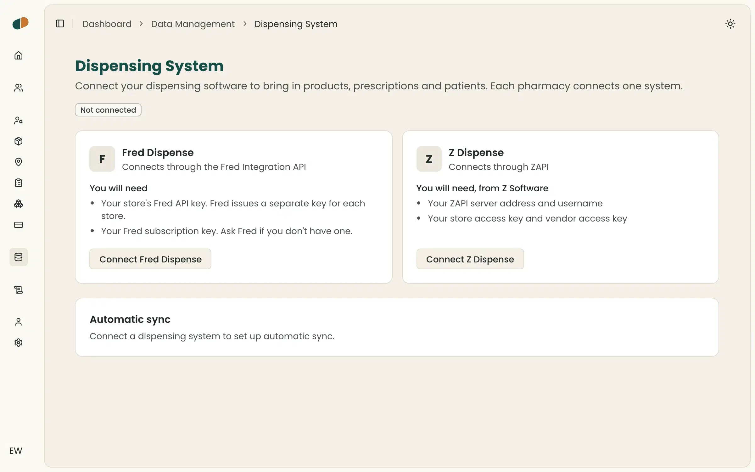 Connecting Fred Dispense or Z Dispense on the Dispensing System page