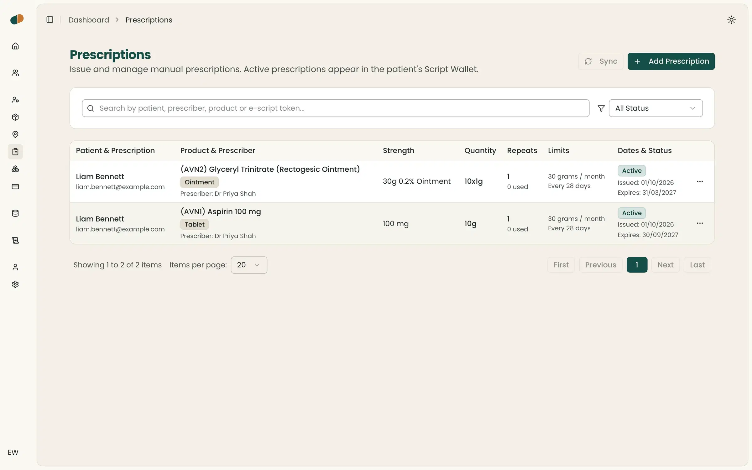 Every prescription tracked with its status, repeats and pharmacy